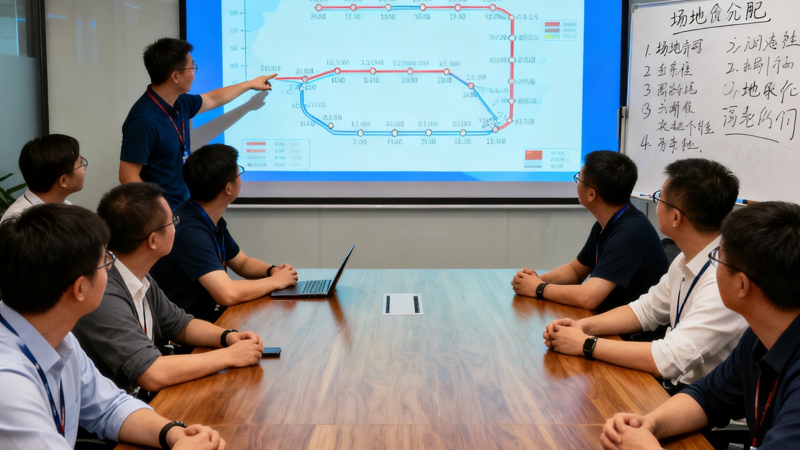 9728太阳集团北京总部办公室，十几位赛事策划师围坐在会议桌前，投影屏幕展示着一份大型马拉松赛事的赛程方案，有人指着屏幕上的时间节点进行标注讨论，白板上写满了场地分配备注