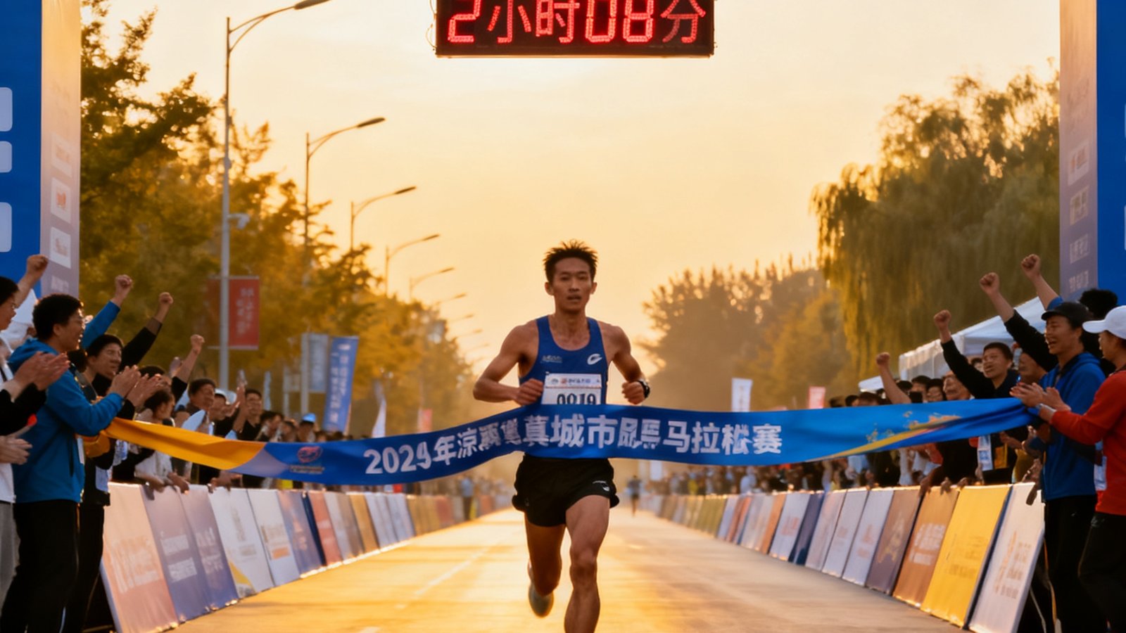 2025年京津冀城市马拉松联赛终点线处，第一名选手冲线瞬间，计时牌显示2小时08分，赛道两旁观众欢呼