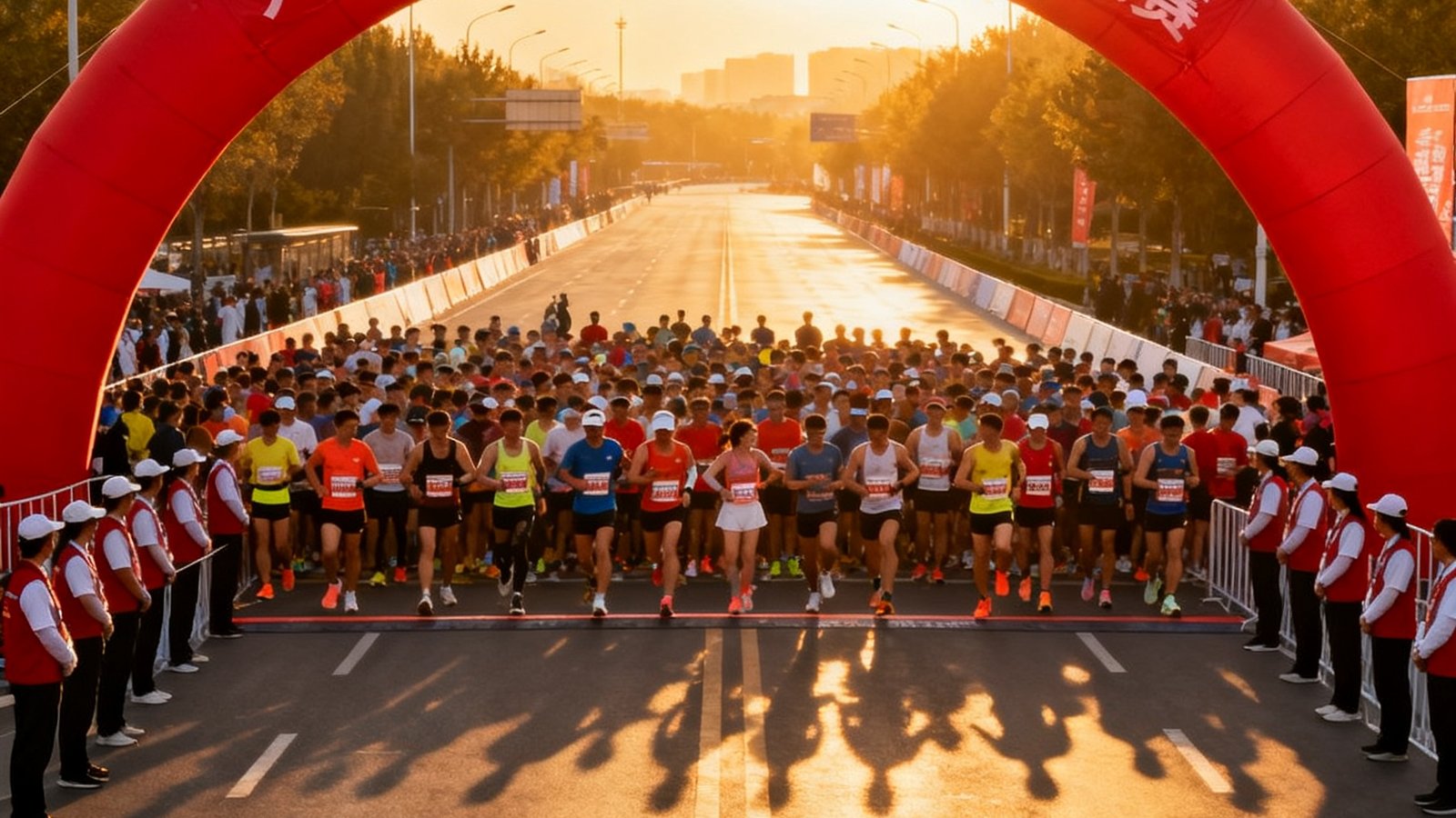 2025年京津冀城市马拉松联赛天津站起点，巨大的红色拱门横跨马路，数千名身着各色运动服的选手聚集在起跑线后，朝阳照亮了赛道，志愿者在两侧维持秩序