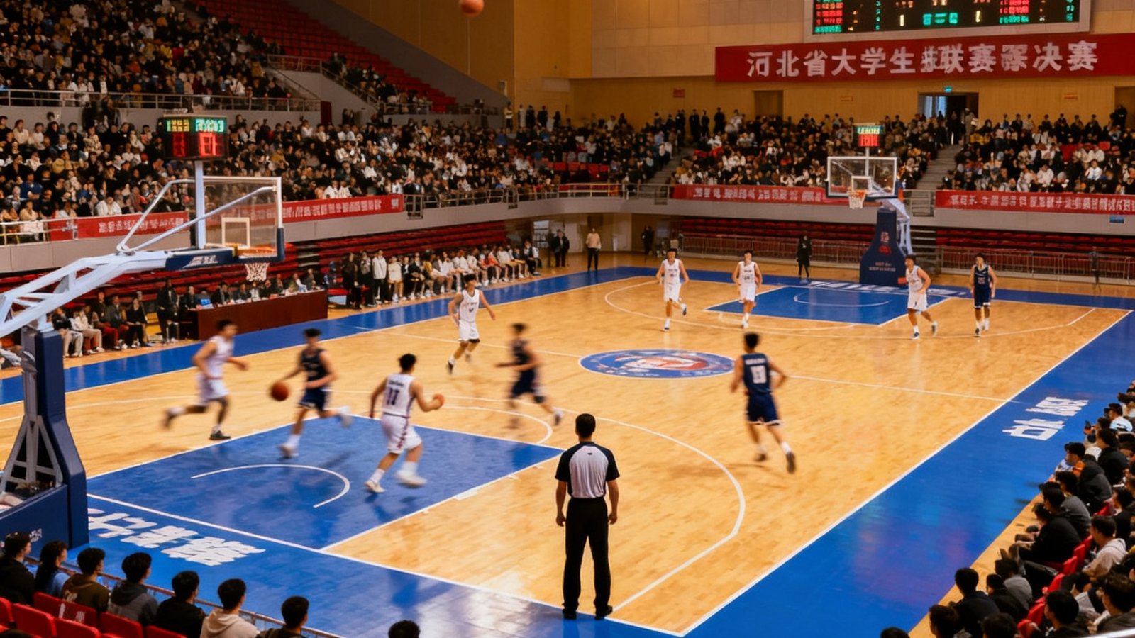 河北省大学生篮球联赛决赛在石家庄体育馆举行，场馆内座无虚席，两支队伍正在场上激烈对抗，记分牌显示比分紧咬，裁判专注地盯着场上动作
