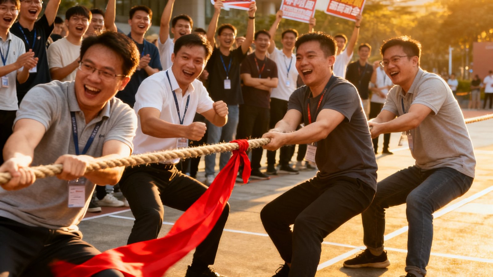 深圳科技园区年度企业运动会上，四家科技公司的员工正在进行拔河比赛，绳子中间的红绸左右摇摆，围观同事加油助威，阳光洒在每个人脸上