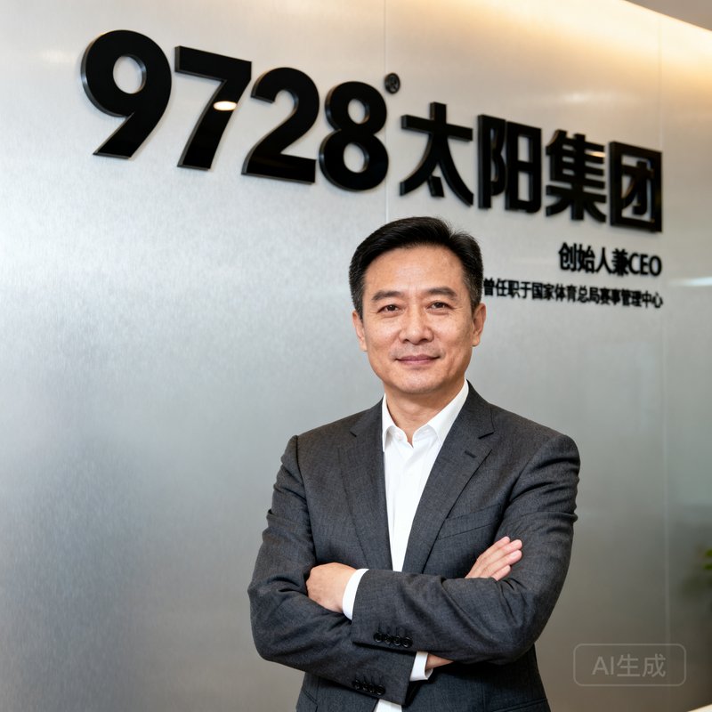 张远航，9728太阳集团创始人兼CEO，40岁左右男性，身着深灰色西装白色衬衫，双臂交叉站立在公司Logo墙前，表情自信沉稳，曾任职于国家体育总局赛事管理中心