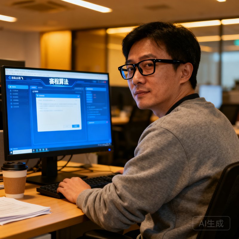 陈逸飞，技术总监，32岁男性，戴黑框眼镜，身穿灰色卫衣坐在电脑前，屏幕上显示赛程算法界面，他主导开发了公司自研的智能赛程引擎