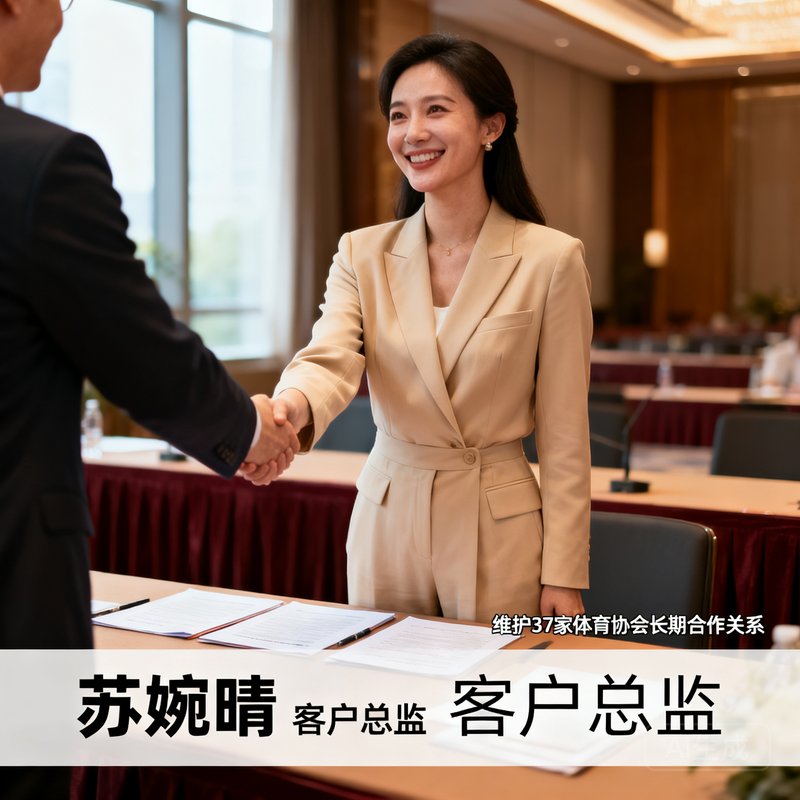苏婉晴，客户总监，30岁女性，身着米色职业套装，在签约仪式现场与客户握手，笑容温暖专业，维护着37家体育协会的长期合作关系